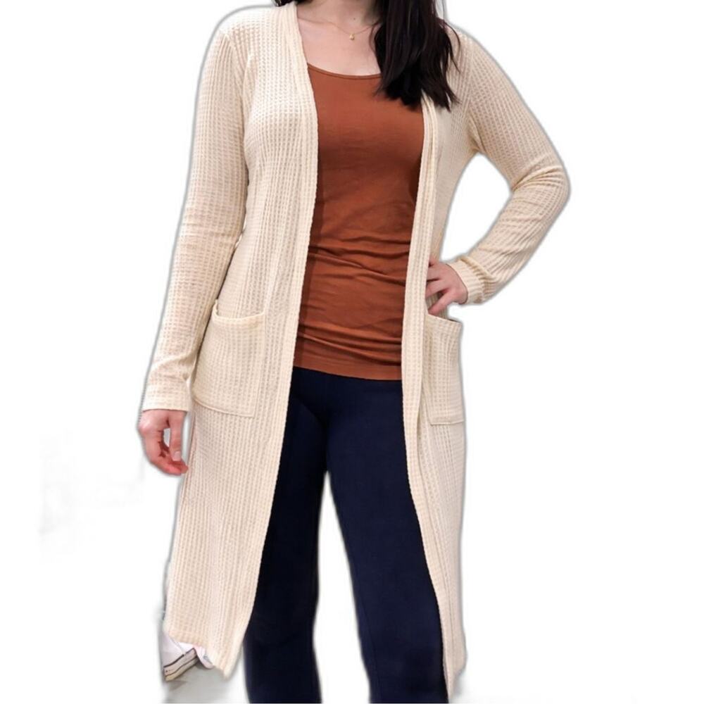 Altar’d State Cream Waffle Knit Longline Boho Cardigan Duster Size L Open Front